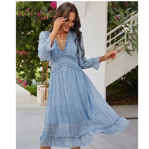 blue dress with long sleeves and ruffles summer dress M - Picture 7 of 7